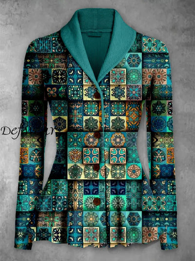 Retro Boho Floral Printed Elegant Lapel V-Neck Button Up Thick Knit Long-Sleeved Cardigan Sweater A