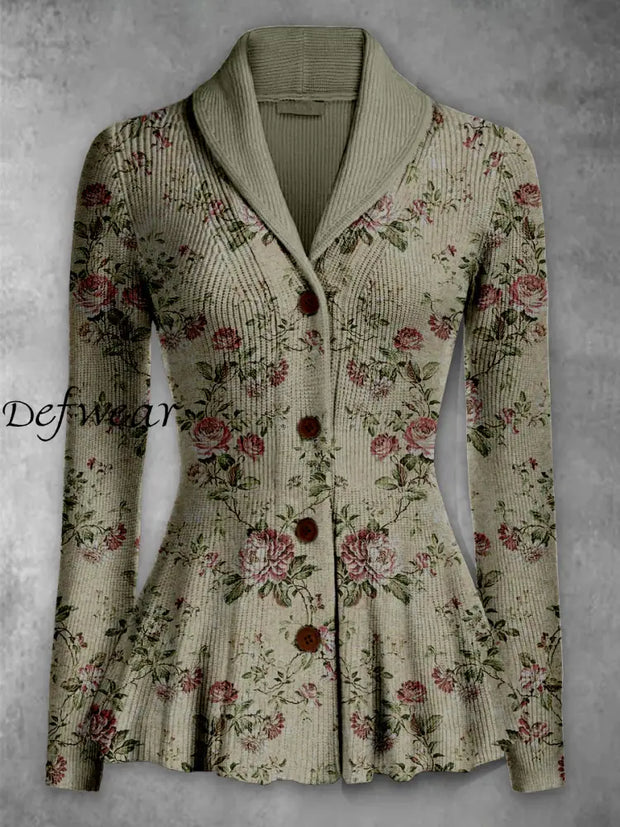 Retro Boho Floral Printed Elegant Lapel V-Neck Button Up Thick Knit Long-Sleeved Cardigan Sweater A