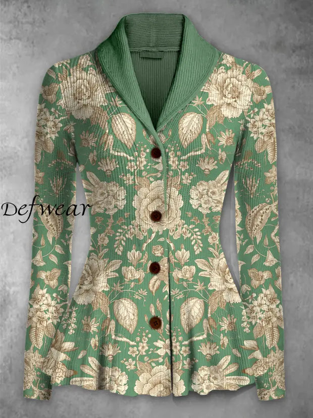 Retro Boho Floral Printed Elegant Lapel V-Neck Button Up Thick Knit Long-Sleeved Cardigan Top A / S