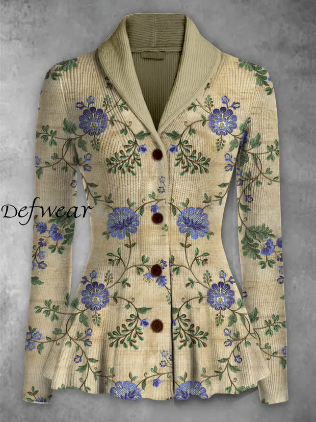 Retro Boho Floral Printed Elegant Lapel V-Neck Button Up Thick Knit Long-Sleeved Cardigan Top A / S