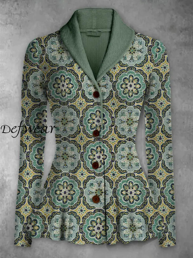 Retro Boho Floral Printed Elegant Lapel V-Neck Button Up Thick Knit Long-Sleeved Cardigan Top A / S