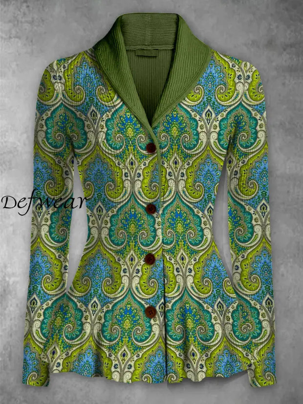 Retro Boho Floral Printed Elegant Lapel V-Neck Button Up Thick Knit Long-Sleeved Cardigan Top A / S