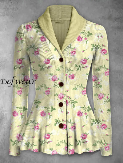 Retro Boho Floral Printed Elegant Lapel V-Neck Button Up Thick Knit Long-Sleeved Cardigan Top A / S