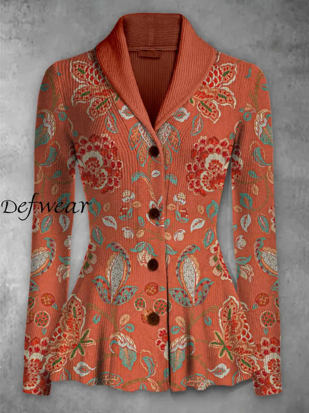 Retro Boho Floral Printed Elegant Lapel V-Neck Button Up Thick Knit Long-Sleeved Cardigan Top A / S