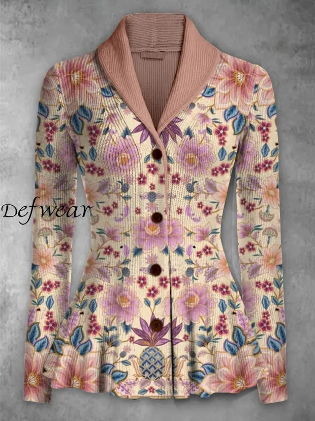 Retro Boho Floral Printed Elegant Lapel V-Neck Button Up Thick Knit Long-Sleeved Cardigan Top A / S