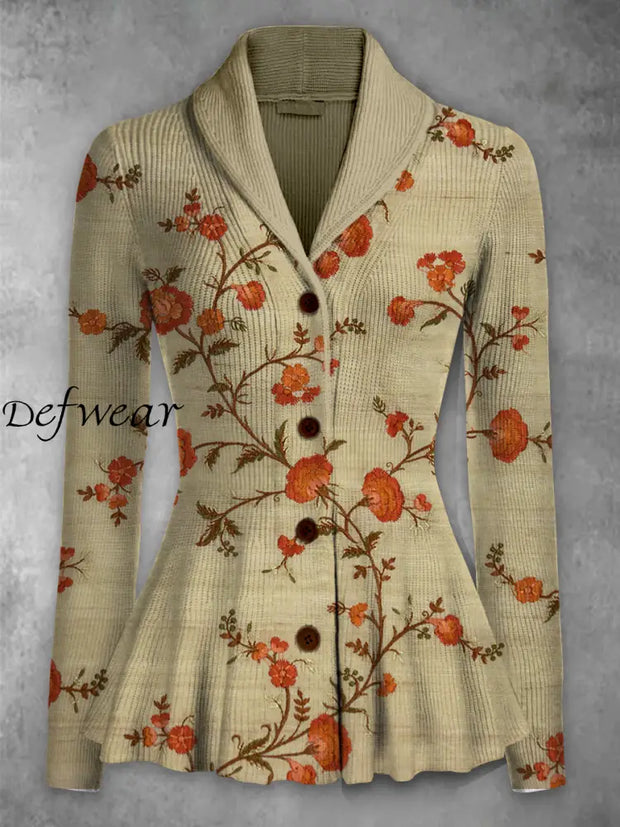 Retro Boho Floral Printed Elegant Lapel V-Neck Button Up Thick Knit Long-Sleeved Cardigan Top A / S