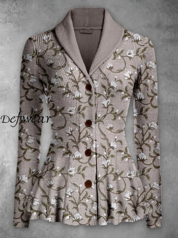 Retro Boho Floral Printed Elegant Lapel V-Neck Button Up Thick Knit Long-Sleeved Cardigan Top A / S