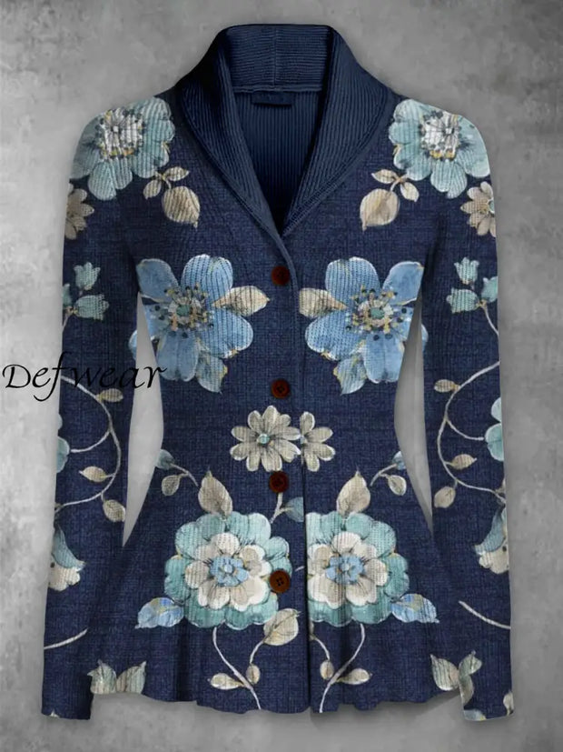 Retro Boho Floral Printed Elegant Lapel V-Neck Button Up Thick Knit Long-Sleeved Cardigan Top A / S