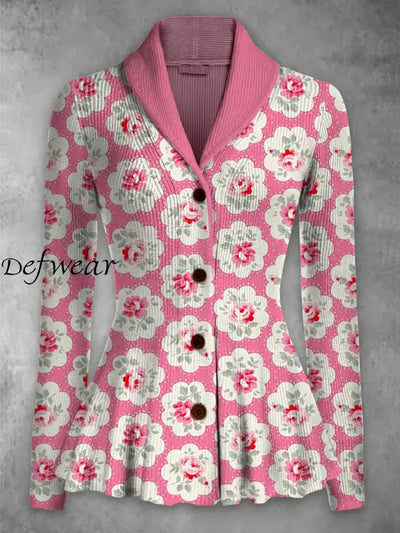 Retro Boho Floral Printed Elegant Lapel V-Neck Button Up Thick Knit Long-Sleeved Cardigan Top A / S