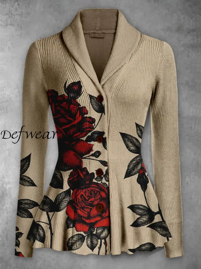 Retro Boho Floral Printed Elegant Lapel V-Neck Button Up Thick Knit Long-Sleeved Cardigan Top A / S