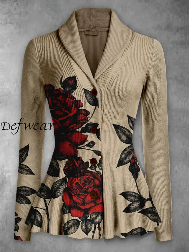 Retro Boho Floral Printed Elegant Lapel V-Neck Button Up Thick Knit Long-Sleeved Cardigan Top A / S