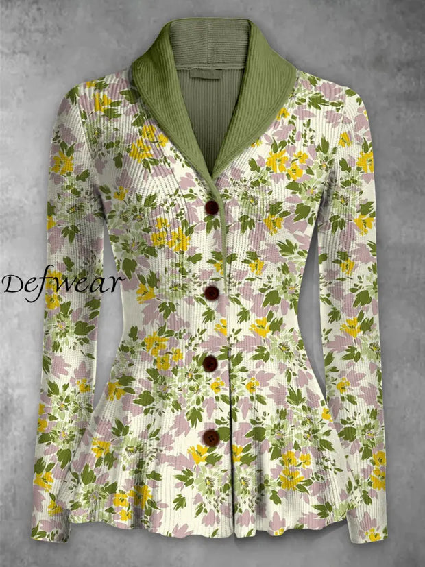 Retro Boho Floral Printed Elegant Lapel V-Neck Button Up Thick Knit Long-Sleeved Cardigan Top A / S