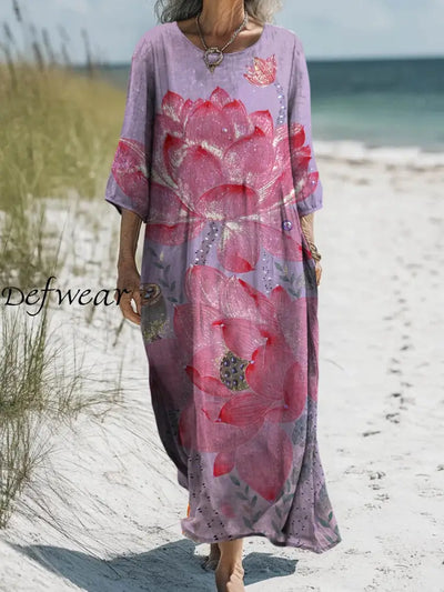 Retro Boho Floral Printed Round Neck Vintage Loose Long Sleeves Midi Dress A / S