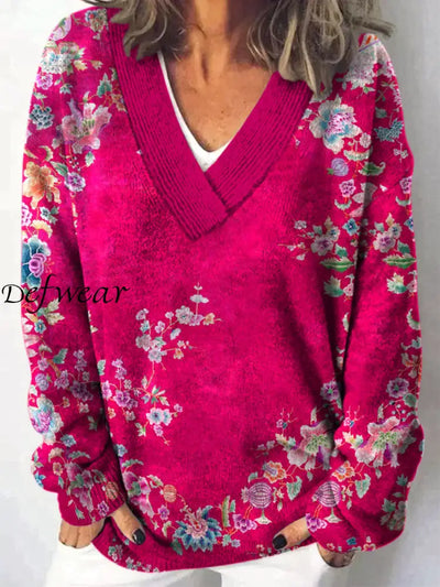 Retro Boho Floral Printed V-Neck Casual Comfortable Long-Sleeved Loose Sweatshirt A / S