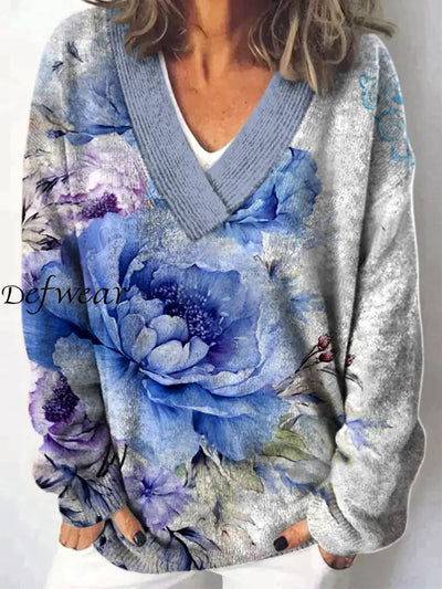 Retro Boho Floral Printed V-Neck Casual Comfortable Long-Sleeved Loose Sweatshirt A / S