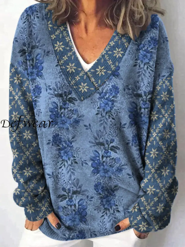 Retro Boho Floral Printed V-Neck Casual Comfortable Long-Sleeved Loose Sweatshirt A / S