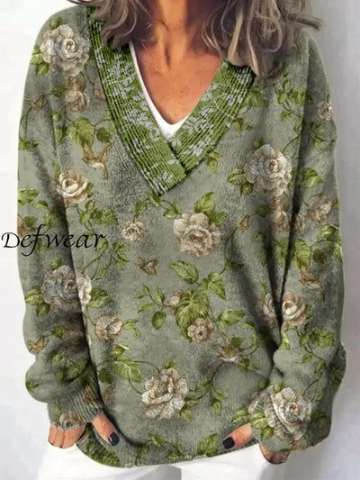 Retro Boho Floral Printed V-Neck Casual Comfortable Long-Sleeved Loose Sweatshirt A / S