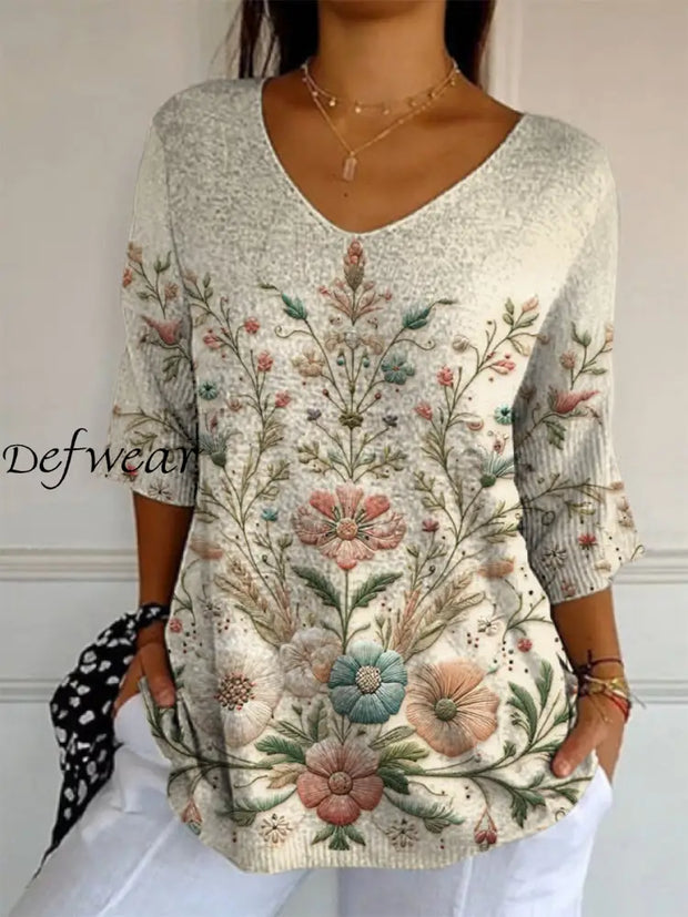 Retro Boho Floral Printed V-Neck Loose Casual Mid-Length Sleeves Top A / S