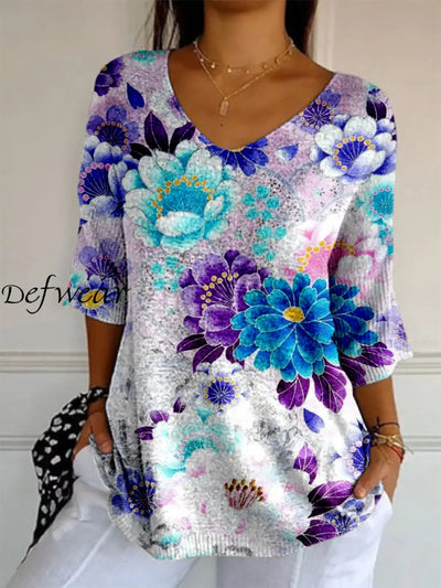 Retro Boho Floral Printed V-Neck Loose Casual Mid-Length Sleeves Top A / S