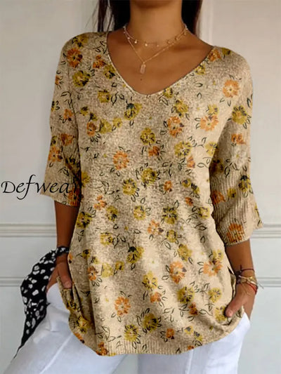 Retro Boho Floral Printed V-Neck Loose Casual Mid-Length Sleeves Top A / S