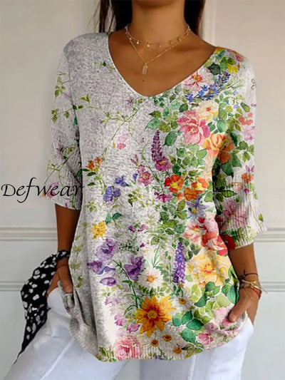 Retro Boho Floral Printed V-Neck Loose Casual Mid-Length Sleeves Top A / S