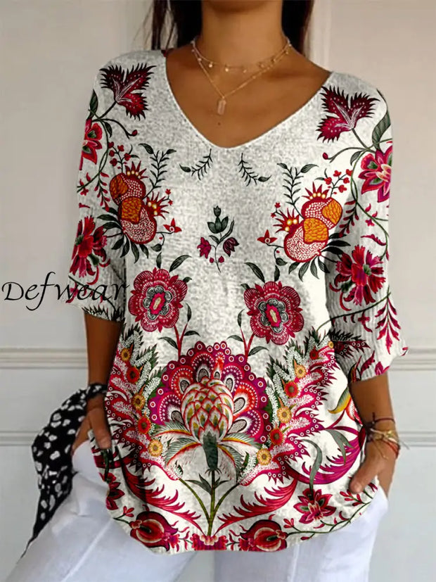 Retro Boho Floral Printed V-Neck Loose Casual Mid-Length Sleeves Top A / S