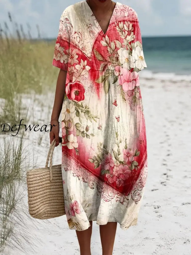 Retro Boho Floral Printed V-Neck Vintage Cotton Loose Long Sleeves Midi Dress A / S