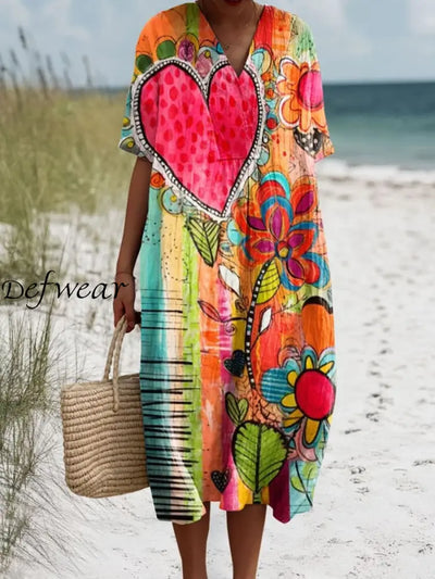 Retro Boho Floral Printed V-Neck Vintage Cotton Loose Long Sleeves Midi Dress A / S