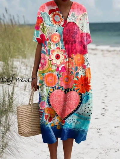 Retro Boho Floral Printed V-Neck Vintage Cotton Loose Long Sleeves Midi Dress A / S