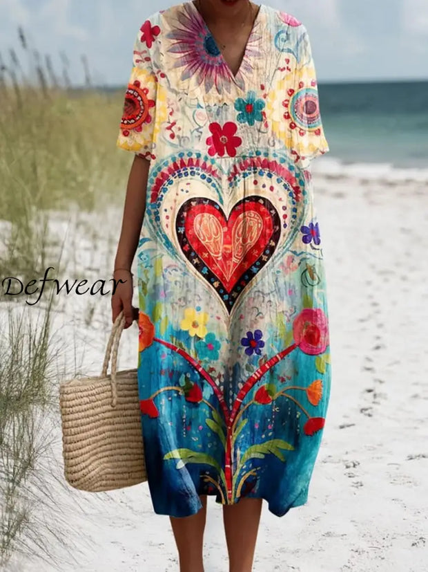 Retro Boho Floral Printed V-Neck Vintage Cotton Loose Long Sleeves Midi Dress A / S