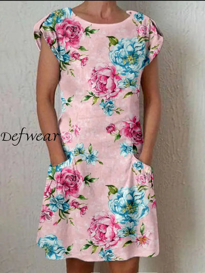 Retro Boho Floral Printed Vintage Button Fold Short Sleeve Leisure Pocket Midi Dress A / S