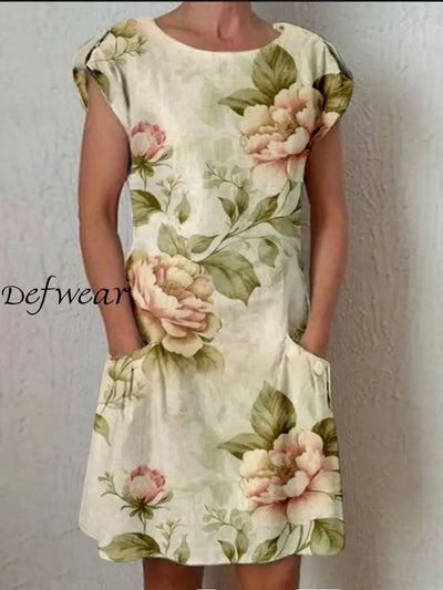 Retro Boho Floral Printed Vintage Button Fold Short Sleeve Leisure Pocket Midi Dress A / S