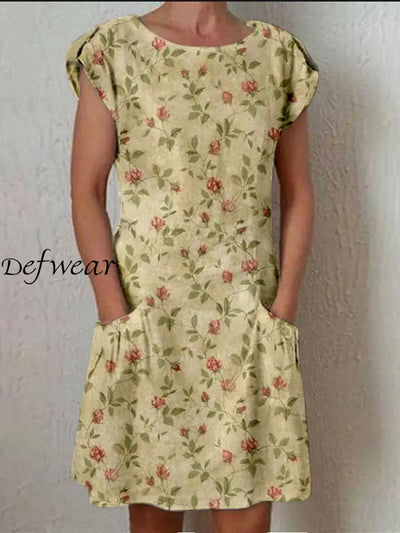 Retro Boho Floral Printed Vintage Button Fold Short Sleeve Leisure Pocket Midi Dress A / S