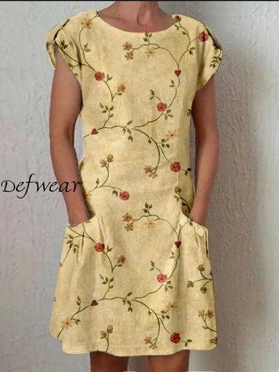 Retro Boho Floral Printed Vintage Button Fold Short Sleeve Leisure Pocket Midi Dress A / S