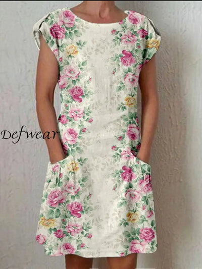 Retro Boho Floral Printed Vintage Button Fold Short Sleeve Leisure Pocket Midi Dress A / S