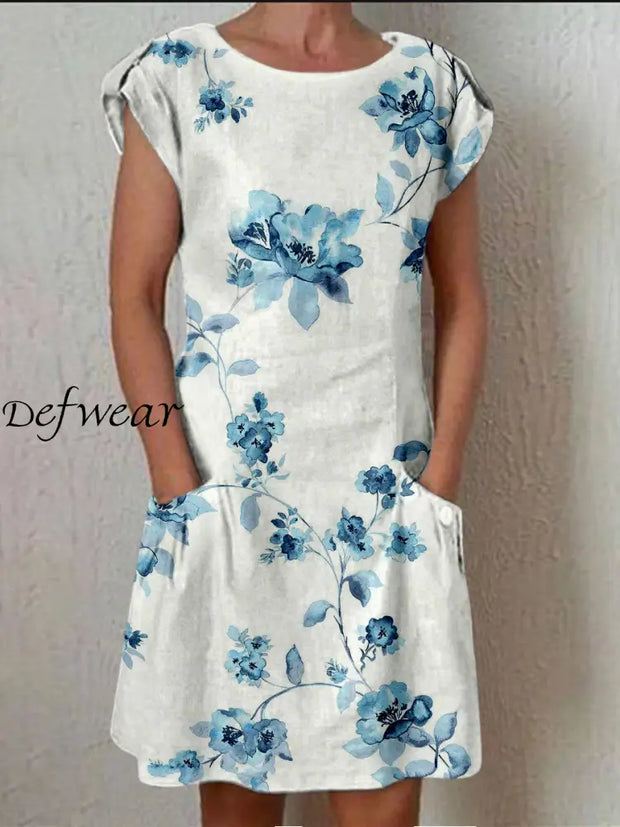 Retro Boho Floral Printed Vintage Button Fold Short Sleeve Leisure Pocket Midi Dress A / S