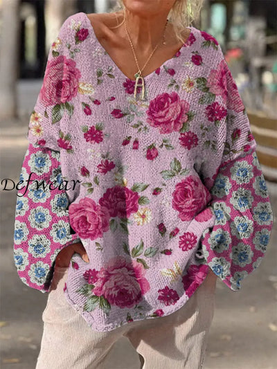 Retro Boho Floral Printed Vintage Chic V-Neck Loose Long Sleeve Thick Knit Sweater A / S