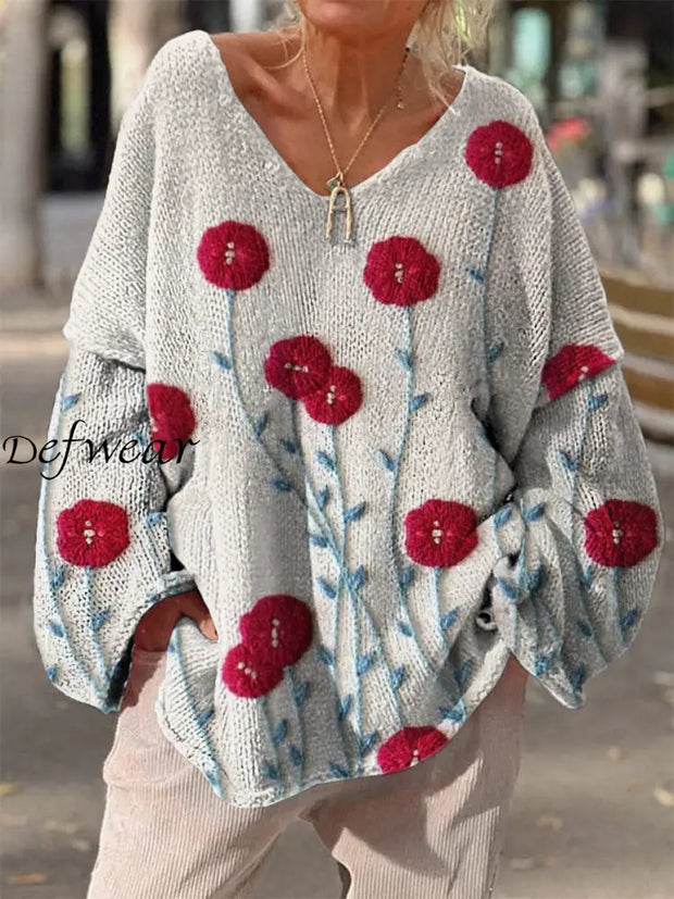 Retro Boho Floral Printed Vintage Chic V-Neck Loose Long Sleeve Thick Knit Sweater A / S