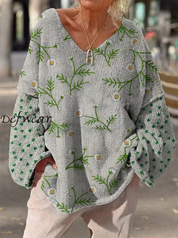 Retro Boho Floral Printed Vintage Chic V-Neck Loose Long Sleeve Thick Knit Sweater A / S