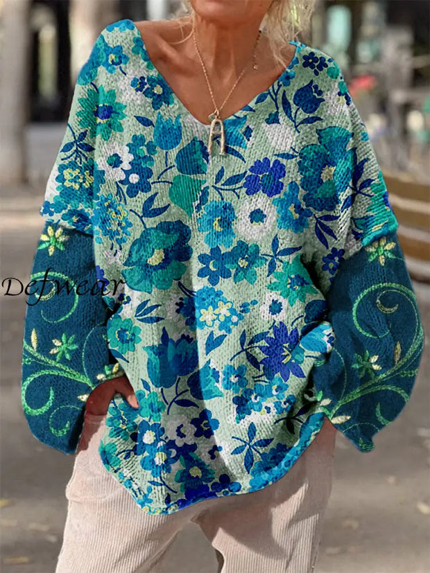 Retro Boho Floral Printed Vintage Chic V-Neck Loose Long Sleeve Thick Knit Sweater A / S