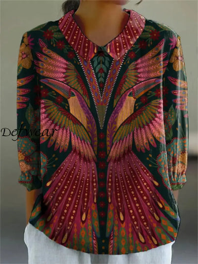 Retro Boho Geometric Figure Print Vintage Casual Round Collar Long Sleeve Shirt A / S