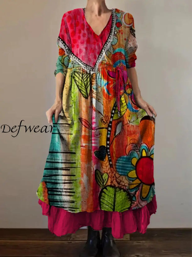 Retro Boho Geometric Floral Print Vintage V-Neck Double Hemline Cotton Long Sleeve Midi Dress A / S