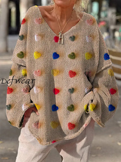 Retro Boho Heart Print Vintage Loose Chic V-Neck Long Sleeve Thick Knit Sweater A / S