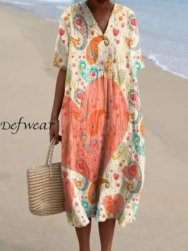 Retro Boho Heart Printed Wide V-Neck Vintage Loose Mid-Length Sleeves Cotton Midi Dress A / S