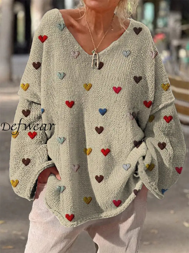 Retro Boho Heart-Shaped Printed Vintage Chic V-Neck Loose Long Sleeve Thick Knit Sweater A / S