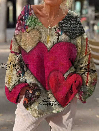 Retro Boho Love Heart Print Vintage Loose Chic V-Neck Long Sleeve Thick Knit Sweater A / S