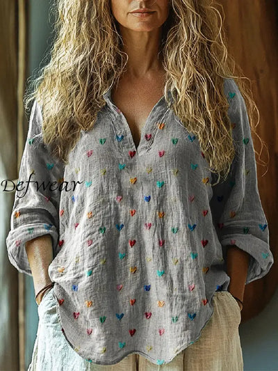 Retro Boho Love Heart Printed Vintage Chic V-Neck Button Pocket Cotton Long Sleeve Shirt A / S