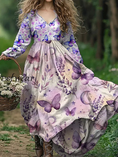 Retro Butterfly Art Print V-Neck Elegant Chic Loose Long Sleeve Midi Dress A / S