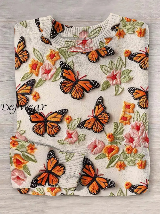 Retro Butterfly Art Print V-Neck Long Sleeve Sweater Knit Pullover Top A / S