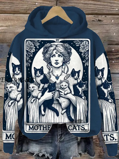 Retro Cat Art Print Casual Long Sleeve Hooded Sweatshirt A / S